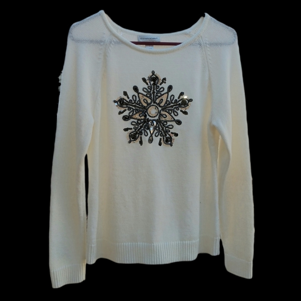 Christopher & Banks Beaded Snowflake Ivory Sweater Size S Cotton/Acrylic